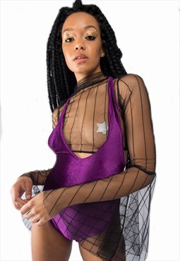 Black sheer stripe mesh flare cuff crop top