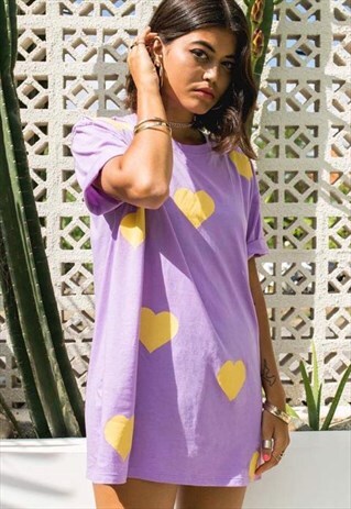 CUTE MISTAKE BOYFRIEND TEE IN LILAC WITH YELLOW HEART PRINT