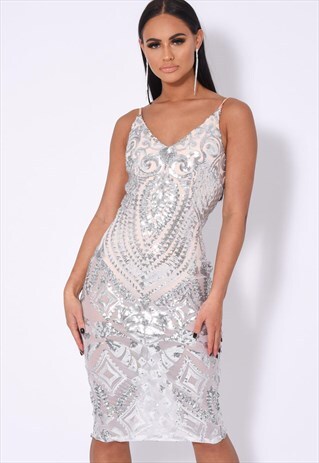 BODY ON ME SILVER SEQUIN SHEER BODYSUIT MIDI DRESS