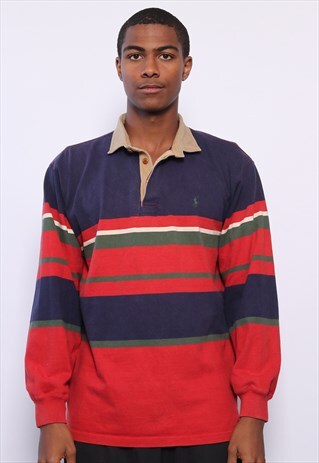 VINTAGE POLO RALPH LAUREN STRIPED RUGBY POLO SHIRT RED BLUE