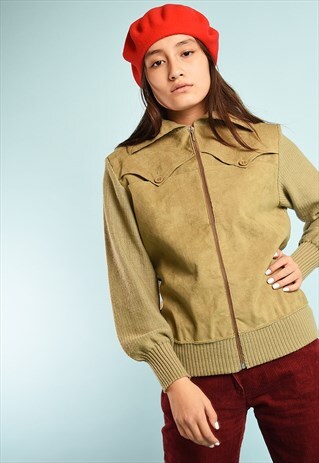 VINTAGE 70'S RETRO REAL SUEDE & KNIT MINIMALIST JACKET CARDI