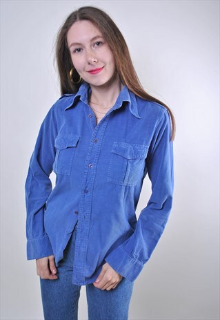 VINTAGE CORDUROY WOMAN BLUE UTILITY SHIRT, SIZE M