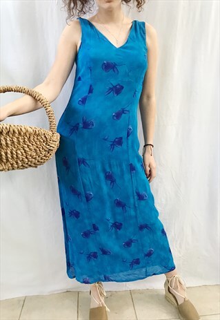 VINTAGE 90S BOHEME ROSE FLORAL PRINT MAXI DAY DRESS