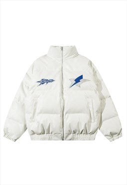 Patchwork bomber faux leather puffer jacket in off white