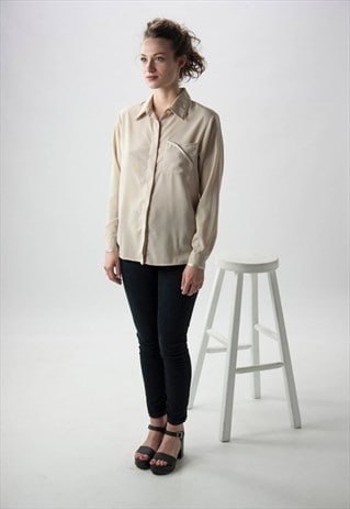 LONG SLEEVE SILKY BLOUSE / BEIGE LIGHT BUTTON UP