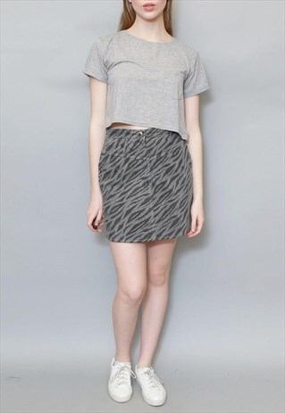 VINTAGE 1990'S GREY TIGER PRINT DENIM MINI SKIRT