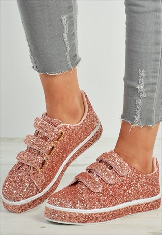 PINK GLITTER SPARKLE VELCRO TRAINERS SNEAKERS WOMENS SHOES