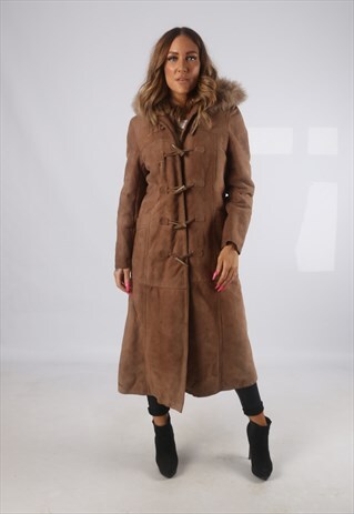 VINTAGE SHEEPSKIN SUEDE SHEARLING COAT LONG HOODED 10 (H4B)