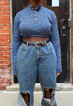 Vintage 80s Blue Knit Cropped Pullover (S-L) 