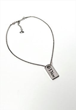 Christian Dior Necklace Silver Logo Tag Crystal Tennis Chain