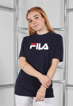 Vintage Fila T-Shirt in Navy with Spell Out Logo Small