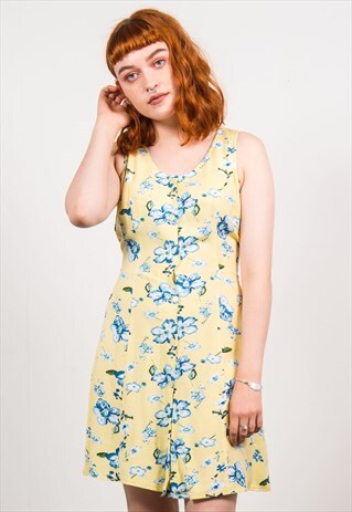 VINTAGE 90'S SLEEVLESS YELLOW FLORAL PATTERN DRESS