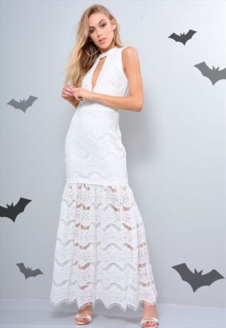 HALLOWEEN CROCHET MAXI DRESS WITH HIGH NECK IN WHITE