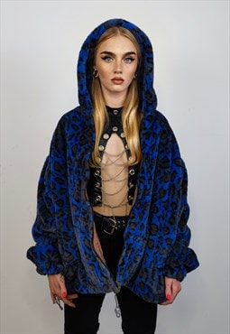 Blue leopard jacket fleece animal print detachable bomber
