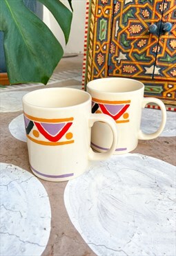 Vintage 90's Mobil Pair of Geometric Ceramic Mugs