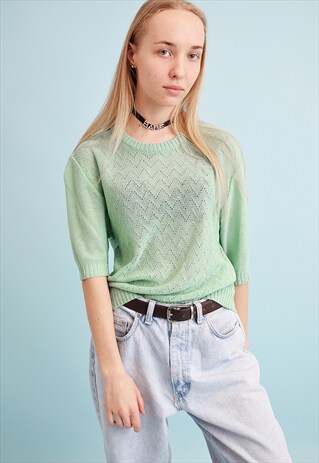 90'S RETRO PASTEL KNITTED MOMS SHEER TOP BLOUSE