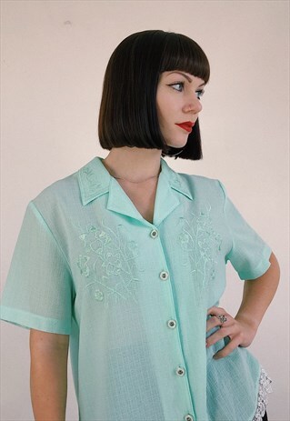 BRIGHT PASTEL NEON GREEN VINTAGE EMBROIDERED BLOUSE
