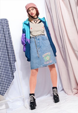 VINTAGE DENIM SKIRT 80S PRINT HIGH-WAISTED ACID WASHED JEANS