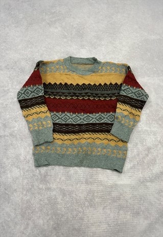 VINTAGE KNITTED JUMPER ABSTRACT PATTERNED GRANDAD SWEATER