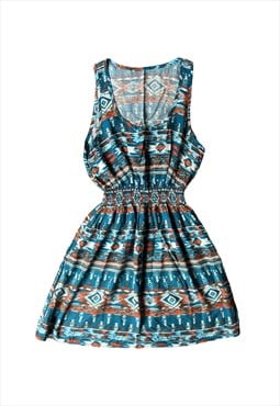 Vintage Y2K 00s Sun Dress mini aztec boho pattern Blue