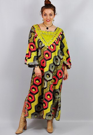 VINTAGE ABSTRACT PRINT HIPPY FESTIVAL KAFTAN MAXI DRESS
