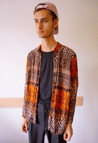 VINTAGE SEE-THROUGH ETHNIC PATTERNED BROWN SHIRT