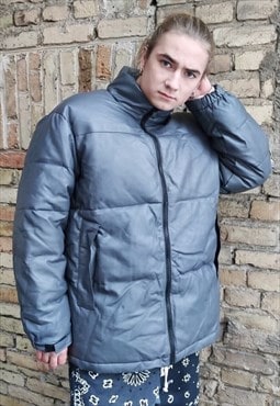 Faux leather quilted bomber PU padded puffer jacket in blue