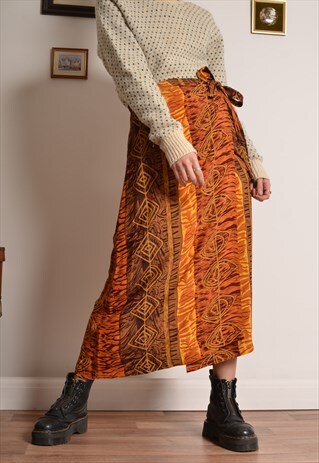 VINTAGE 80S HAWAIIAN PATTERN WRAP MIDI SKIRT IN AUTUMN