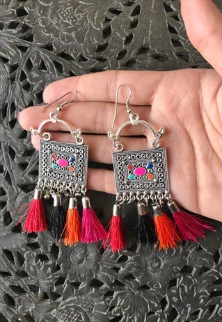 SILVER BOHEMIAN ETHNIC EARRINGS MULTICOLOUR TASSELS
