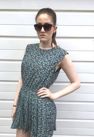 WOMENS VINTAGE GREEN FLORAL PLEATED BOHO FESTIVAL DRESS