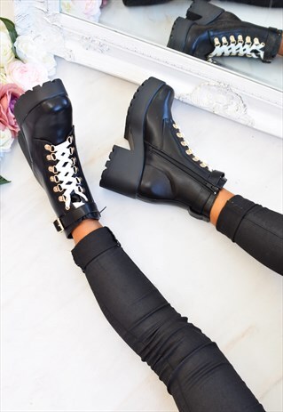 CHUNKY PLATFORM LACE UP BIKER BOOTS - BLACK