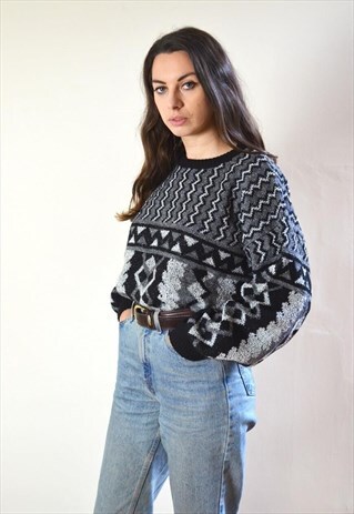 80S VINTAGE BLACK & GREY ABSTRACT KNIT JUMPER