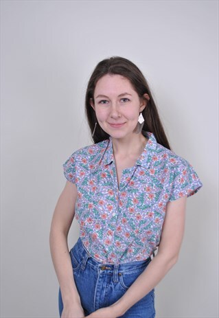 90S FLORAL BLOUSE, VINTAGE SLEEVELES FLOWERS BLUE BUTTON TOP
