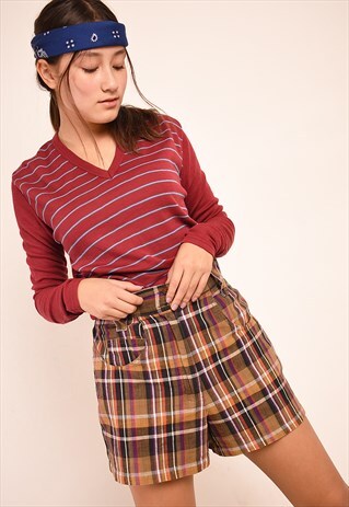 VINTAGE 70'S RETRO STRIPED PATTERN KNIT MAROON THIN JUMPER