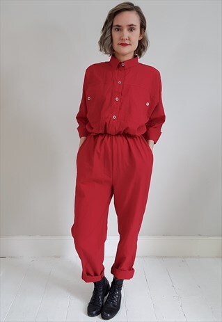VINTAGE 80'S RED METAL BUTTON BOILER JUMPSUIT