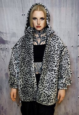 Leopard fleece hooded jacket handmade animal print bomber