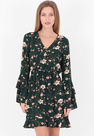 DARK GREEN V NECK WATERFALL SLEEVES SHIFT DRESS