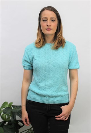 VINTAGE 1980S TURQUOISE SHORT SLEEVE KNIT JUMPER