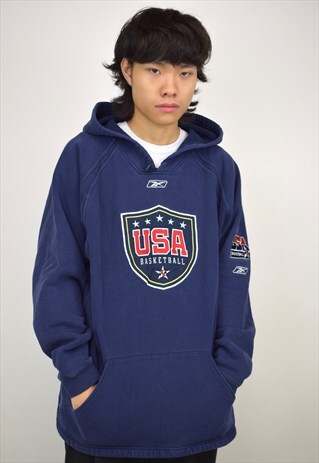 VINTAGE 90S REEBOK BLUE USA GRAPHIC HOODIE