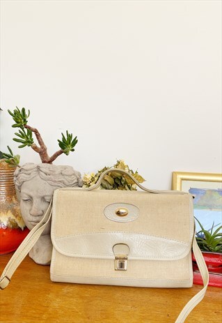 VINTAGE 90S LINEN LEATHER PARISIAN CHICSATCHEL SHOULDER BAG