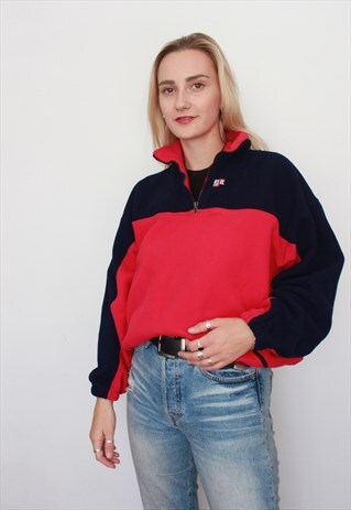 VINTAGE 90S PINK BLUE BLOCK COLOUR OVERSIZED 1/4 ZIP FLEECE