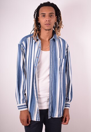 MENS VINTAGE DENIM SHIRT XL BLUE STRIPES 90S