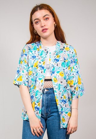 VINTAGE 90'S BLUE FLORAL PATTERN COLLARLESS BLOUSE