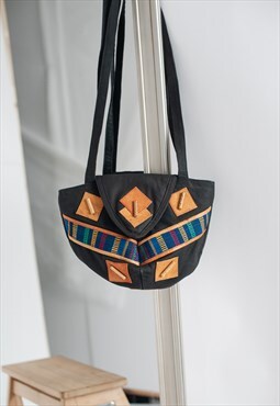 Vintage Boho Embroidered Shoulder Bag with Leather Detail