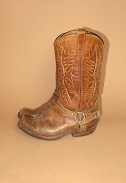 Brown harness square toe biker cowboy boots - eur 43 / uk 9