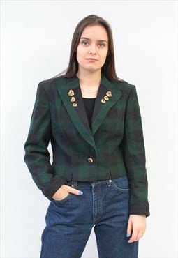 Vintage Women's S Wool Blazer Check Plaid Tartan Jacket 