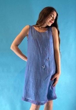 Vintage 90s Y2K Blue Silky Day Dress with Butterfly Details