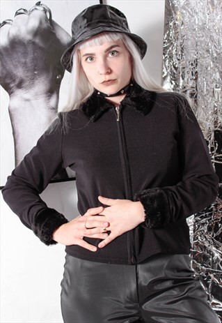 90S GRUNGE Y2K GOTH BLACK CROP BLAZER JACKET FAUX FUR COLLAR