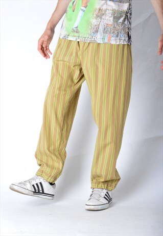 VINTAGE 90S BEIGE LIME GREEN STRIPED PYJAMAS PANTS
