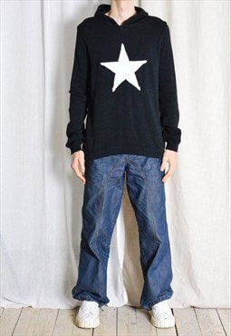 Y2K Black Knit White Star Hoodie Sweater